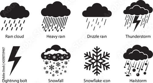 Fotografía Weather icons set, rain cloud, snowfall, lightning bolt, thunderstorm symbols