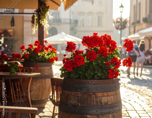 Outdoor cafe with red flowers and barrels