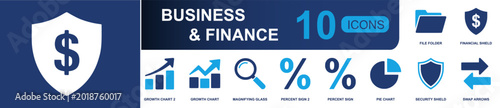 Business and finance icon set. Containing file folder, financial shield, growth chart, search lens, percent sign, pie chart, security shield, swap arrows and more. Solid fill vector icons.