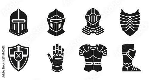 Fotografie Medieval Knight Armor Set, Historical Warrior Protection Icons, Vintage Metal Ge