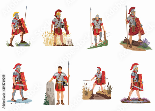 Foto Set of eight detailed illustrations of ancient Roman legionaries in various poses, equipped with historical armor, shields, and weapons