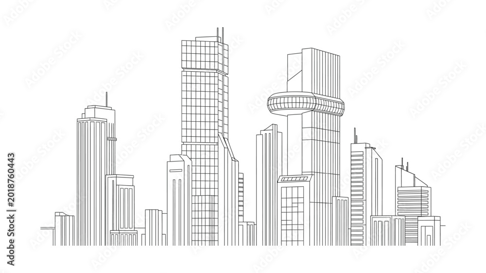 Fototapeta premium Architectural sketch illustration of a modern city skyline with skyscrapers.