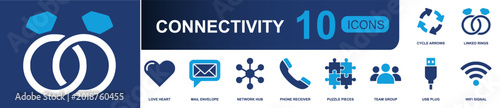 Connectivity icon set. Containing cycle arrows, linked rings, love heart, mail envelope, network hub, phone receiver, puzzle pieces, team group, USB plug and more. Solid fill vector icons.