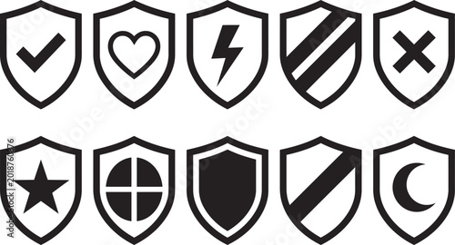 Black Shield Icon Set for Security and Protection