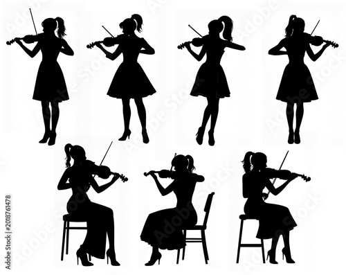 Elegant Silhouette of Woman Playing Violin優雅にバイオリンを奏でる女性のシルエット