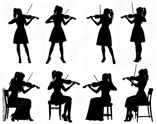 Elegant Silhouette of Woman Playing Violin優雅にバイオリンを奏でる女性のシルエット