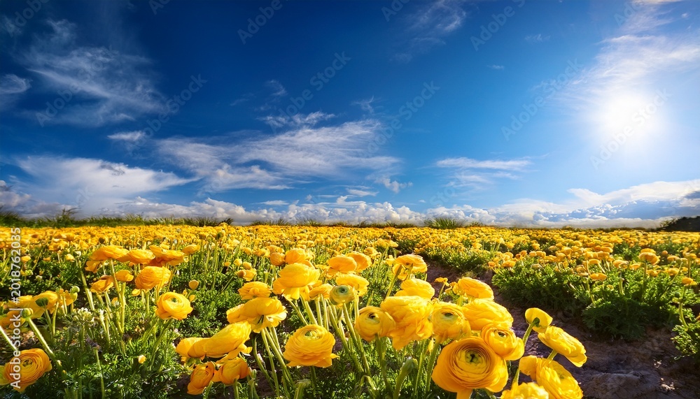 Obraz premium yellow ranunculus flowers with blue sky backdrop