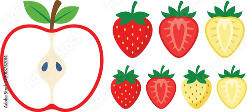 Cuadro en lienzo Fresh Fruit Vector Set with Sliced Red Apple and Assorted Whole and Half Strawb