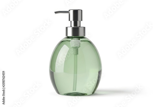 Green soap dispenser with pump on a plain background