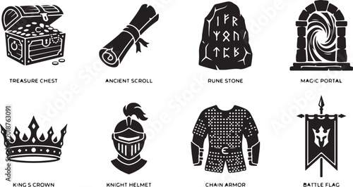 Photos Vintage fantasy icons, medieval symbols, 8 black and white vector graphics, anci