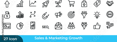  A  Sales and marketing growth 27 icon set, outline vector illustration.