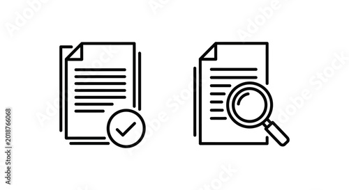 Document review policy and guidelines icons with guidelines document magnifying approval compliance inspection verification validation business standard regulation analysis research