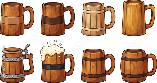 Εκτύπωση καμβά Set of Traditional Wooden Beer Mugs and Steins with Realistic Wood Grain Texture
