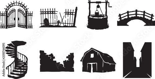Black silhouette icons, architecture and industrial symbols, gate, bridge, house, fence, well, staircase, vector graphics