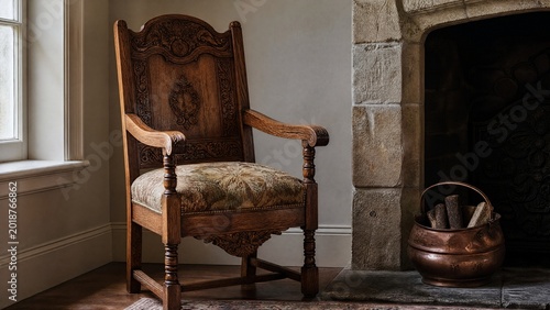 aff. Ornate carved oak armchair beside a stone fireplace with soft window light. real-estate listings, architecture portfolios, designed for architectural facade and classical detail presentations.