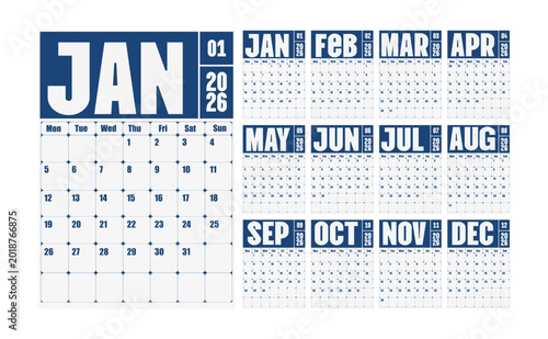 Cuadro en lienzo Professional 2026 annual calendar in classic navy blue and white, featuring bold