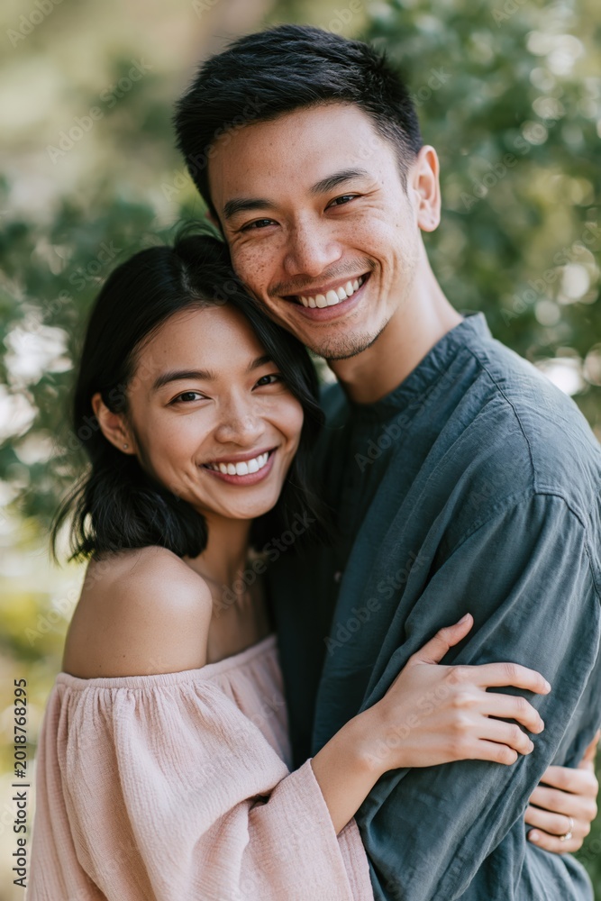 Naklejka premium Smiling couple portrait embracing outdoors in natural light for relationship lifestyle portrait and social media background