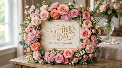 A beautiful floral arrangement frames the words 'Mother's Day' with the phrase 'With Love & Appreciation' underneath. The arrangement 