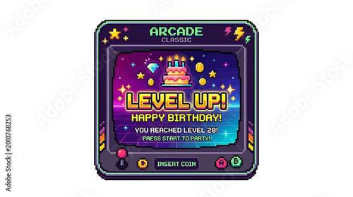 Retro arcade game level up birthday pixel art element, isolated asset sheet with crisp outlines for vintage celebration design