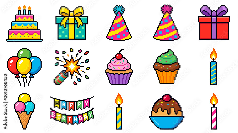 Fototapeta premium Pixel art game elements for birthday celebration, vibrant icons for party and fun events