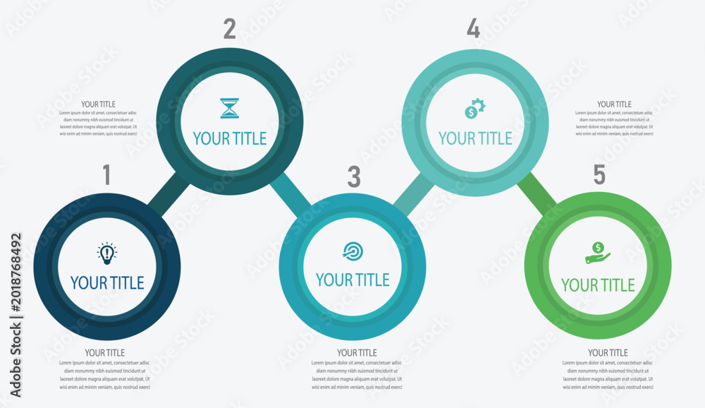 Fototapeta premium Modern Colorful 5 Step Workflow Diagram for Marketing Strategy and Project Management Presentation Design