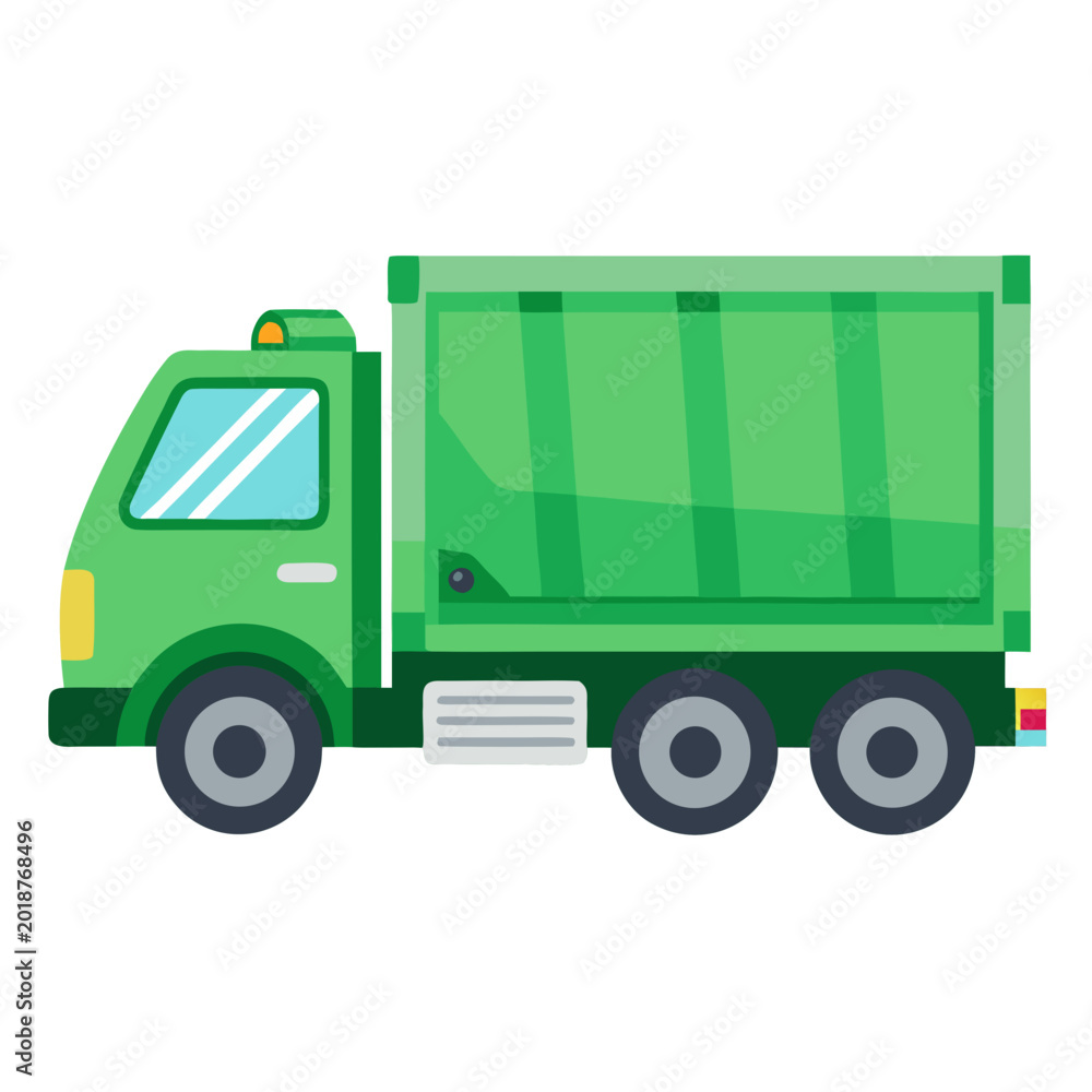 Fototapeta premium Green Garbage Truck: A bright green garbage truck is depicted in a side view, ready to collect waste and maintain cleanliness.