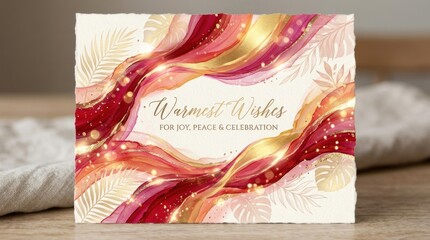 A festive greeting card features a swirling, abstract design in shades of red, pink, and gold. The background is a marbled effect with gold glitter