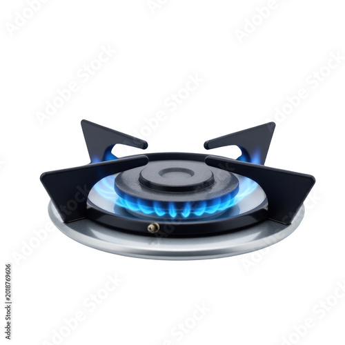 A close-up view of a stove top with a bright blue flame burning