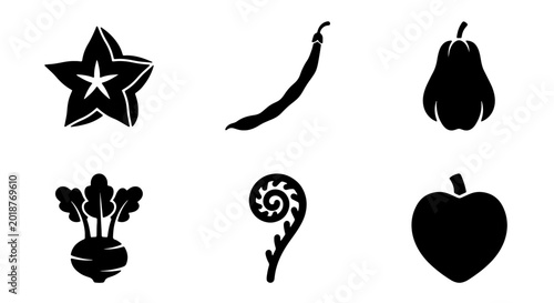 Foto Six Silhouette Icons: Star Fruit, Green Bean, Pear, Beetroot, Fern Frond, Apple