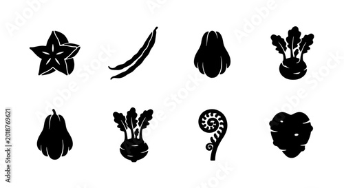 Foto Diverse Vegetable and Fruit Icons Set, 8 Black Silhouette Graphics for Healthy E