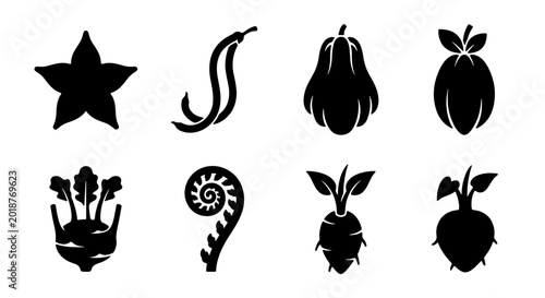 Foto Black Silhouette Vegetable Icons Set, Fresh Produce Graphics, Healthy Food Symbo