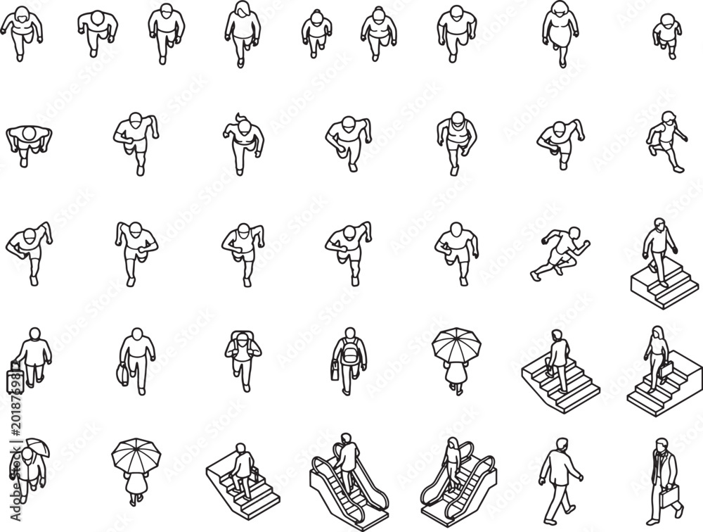 Fototapeta premium A comprehensive overhead view array of meticulously crafted line art people engaged in daily activities. 