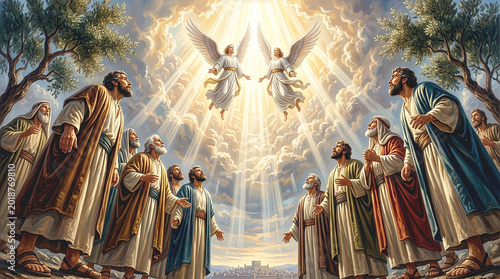 Classic oil painting of two angels appearing to apostles after the Ascension of Jesus. Biblical illustration of Acts 1 with divine light rays and disciples looking up in awe from olive trees.