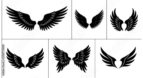 Photos Set of 6 Black Angel Wings Vector Icons, Stylized Feathered Wings for Graphic De