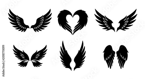 Foto Black Angel Wings Vector Icons Set, Diverse Feathered Wing Designs for Spiritual