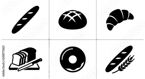 Fotografie Bakery Icons Set, Fresh Bread and Pastry Vector Graphics, Delicious Food Symbols