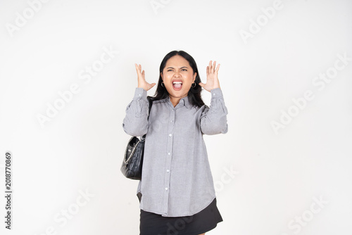 Fotografie Woman holds head, eyes closed, face contorted in distress