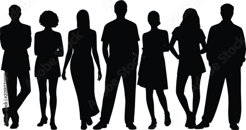 Εκτύπωση καμβά Group of diverse people silhouettes standing together, men and women in casual a