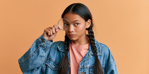 Young girl with braided hair holding a magnifying glass against a peach background for education poster and curiosity themed banner design