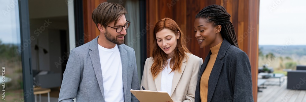 Obraz premium Three professionals looking at a tablet on a terrace for a collaborative work session and presentation in an outdoor office setting