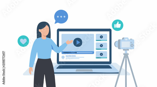 Woman creating online video content for social media with laptop