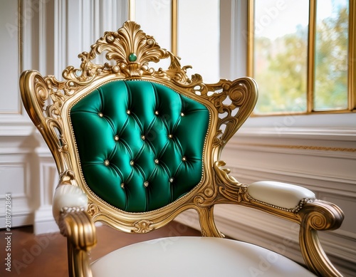 a sumptuous golden chair back adorned with intricate scrollwork and an emerald centrepiece featuring white leather upholstery suitable for furniture fashion or opulent lifestyle themes