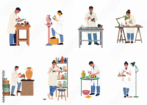 Bilde på lerret Collection of archeologists and museum conservators restoring ancient pottery and ceramic artifacts in a workshop, flat vector illustration