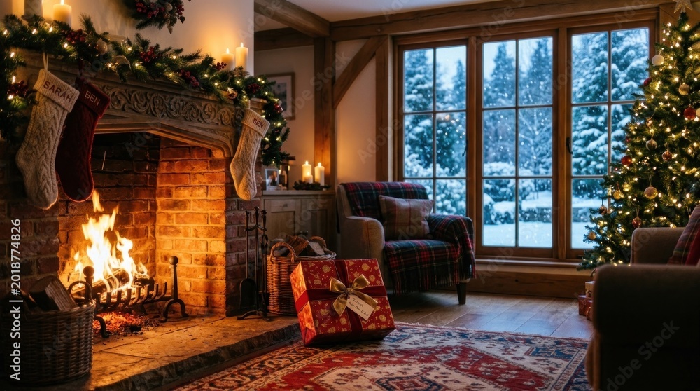 Obraz premium A warmly lit living room decorated for Christmas. A roaring fire burns in a brick fireplace, casting a golden glow on the room. A large Christmas tree stands