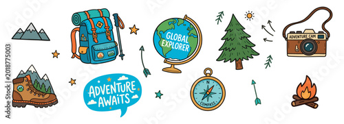 Outdoor adventure exploration travel concept symbols illustration