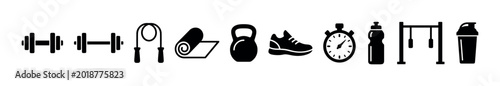 Fitness gym equipment accessories icons set for workout and healthy lifestyle, featuring various sports elements in a clean vector illustration.
