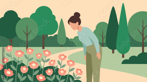 Foto Woman admiring flowers in a beautiful park, flat illustration