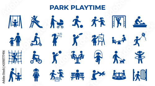 Tableau sur toile Collection of cheerful blue icons representing park playtime and outdoor family activities for children and parents on a white background