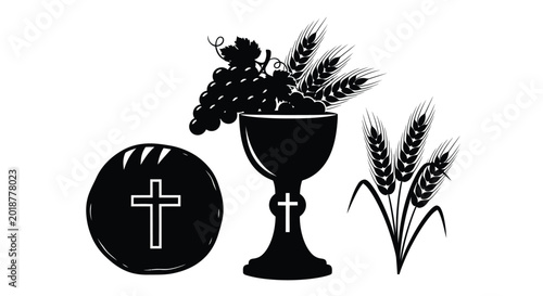 Bread grapes and chalice religious symbols silhouette high quality professional detailed