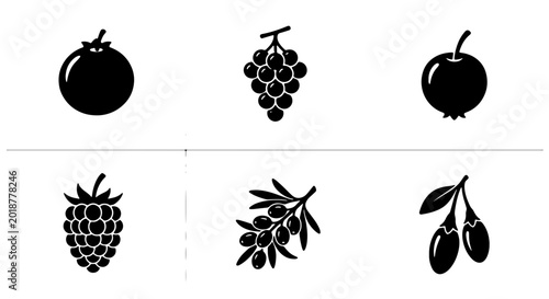 Bild auf Leinwand Six Simple Fruit and Berry Icons, Vector Graphics: Tomato, Grapes, Apple, Raspbe